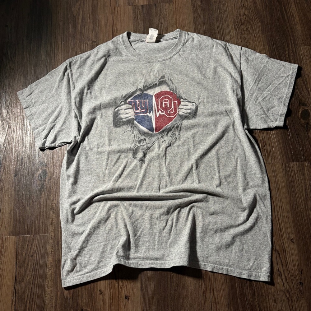 Gildan Mens XL Gray T Shirt New York Giants Oklahoma‎ Sooners Dual Logo